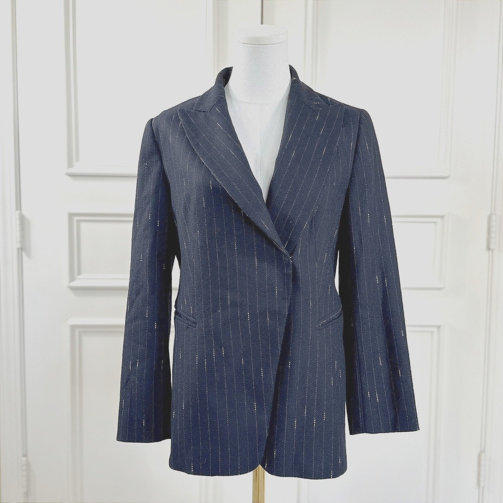 Zara Woman Pinstripe Wool Blazer Women's Size 8 Navy Blue Professional Office